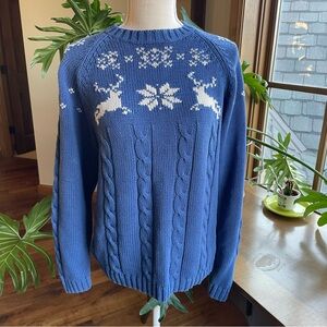 Vintage Lands End Cotton Cable Knit Snowflake & Reindeer Crewneck Sweater ❄️